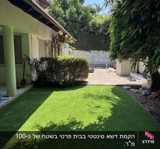חצר עם דשא סינתטי ועצים מסביב לבית